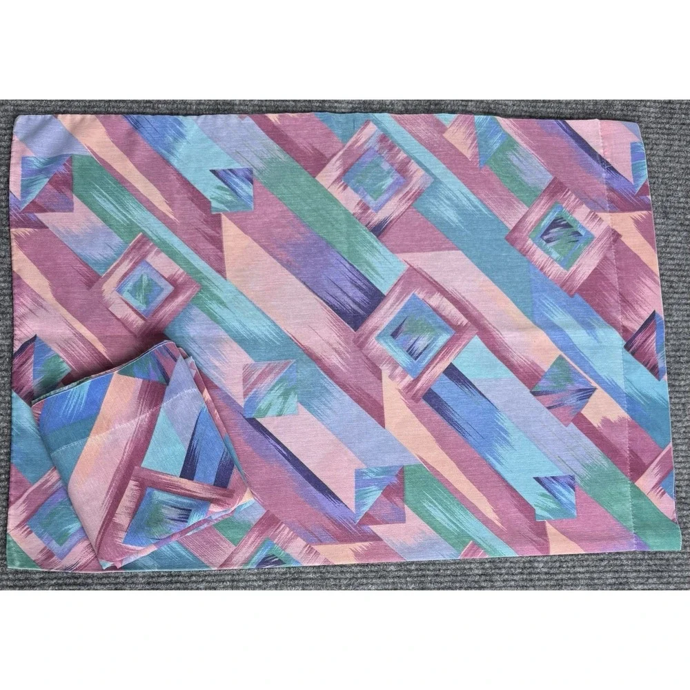 Vintage Pillowcase Pair Geometric Abstract Teal Purple 1980s 90s Retro Pastel